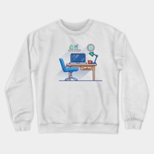 Work Bench, Desk, Laptop, Lamp, Plant, Cup, Clock And Floating Shelves Cartoon Crewneck Sweatshirt